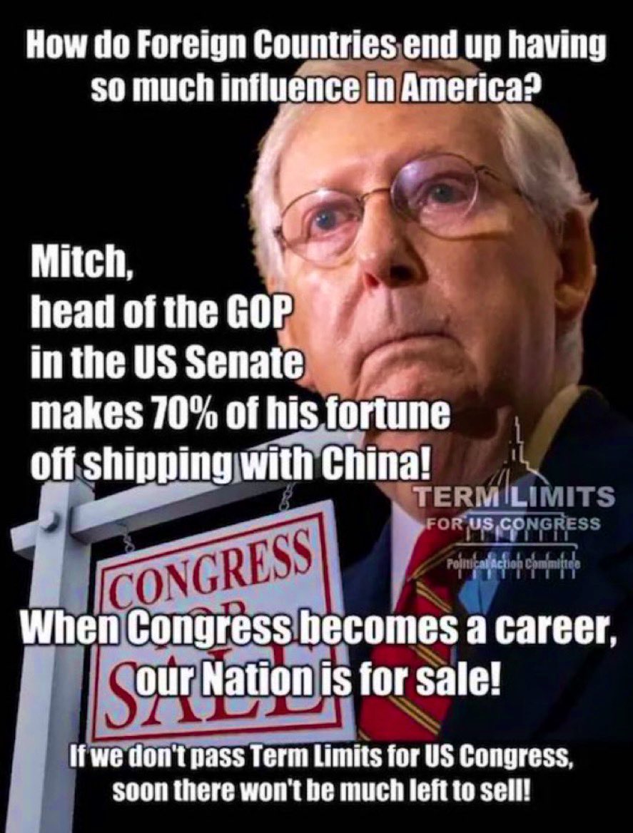 StarrAli001's tweet photo. Mitch McConnell is a disgrace and a traitor to the United States! 

Mcconnell &amp; his wife need to be investigated for their ties to the CCP. https://t.co/p4ThcU713N