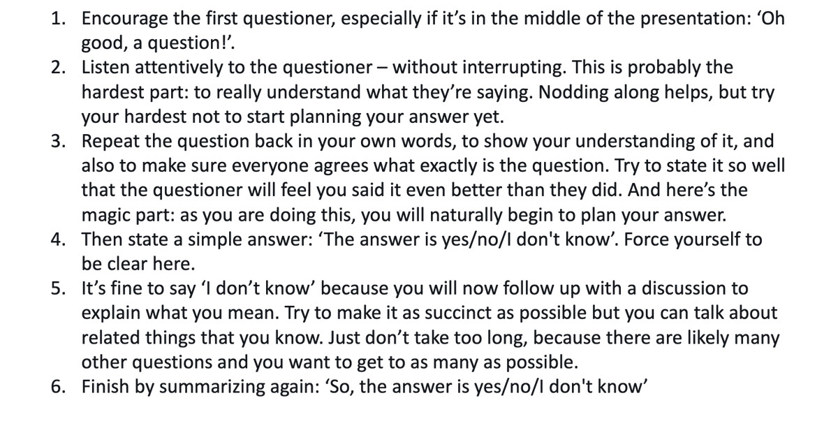 Saying ‘I don’t know’ in talks has become a lost art, unfortunately. Super interesting discussions require us to be open about what we don’t know and what still needs to be explored. Here’s my recipe for answering questions in talks:
