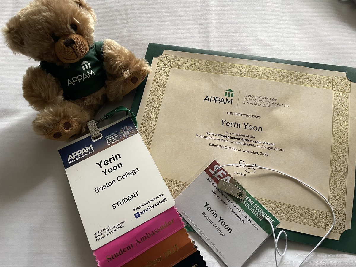 yerin_yoon_'s tweet image. I just finished three presentations at #2024APPAM and #SEA2024! It was an amazing experience sharing our work (with @doughesm), and receiving insightful feedback from colleagues. There are so many reasons to love APPAM, but this year’s highlight has to be this cute teddy bear 🧸