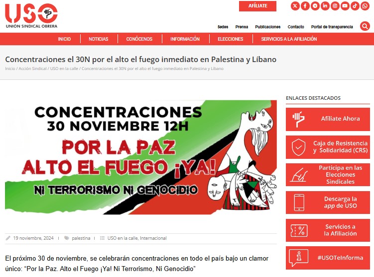 Recortes0Val's tweet photo. USO se suma a esta convocatoria de concentraciones el próximo 30 de noviembre con un mensaje claro y firme: rechazo absoluto a la guerra, condena al terrorismo de Hamás y al genocidio perpetrado por Israel contra el pueblo palestino. @USO_Internacion 
https://t.co/wCYgANptXW… https://t.co/xgBajSFdRJ