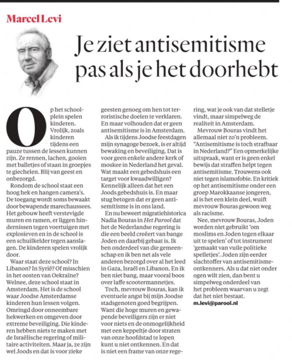 Kristalheldere column van #MarcelLevi in het @Parool over <a href="/NadiaBouras/">Nadia Bouras - نادية بوراس ⵏⴰⴷⵢⴰ ⴱⵓⵔⴰⵙ 🍉</a> die in diezelfde krant beweerde, dat het de Nederlandse regering is die een beeld creëert van bange Joden en daarbij gebaat is.