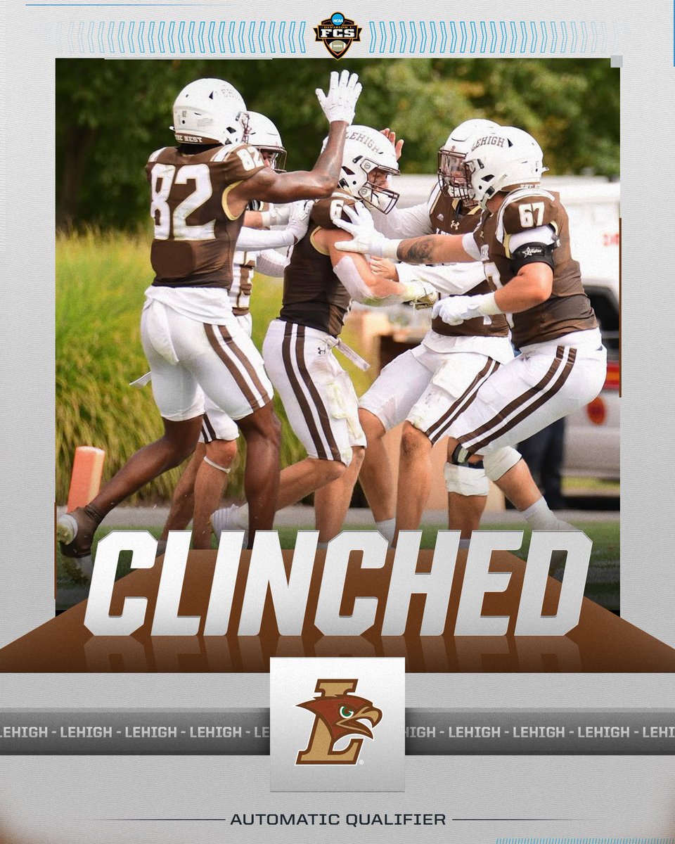 NCAA FCS Football (@ncaa_fcs) on Twitter photo 🟤 CLINCHED 🟤
<a href="/LehighFootball/">Lehigh Football</a> have clinched a spot in the NCAA FCS Football Playoffs after defeating Lafayette, 38-14.
#FCSPlayoffs 🟤 CLINCHED 🟤
<a href="/LehighFootball/">Lehigh Football</a> have clinched a spot in the NCAA FCS Football Playoffs after defeating Lafayette, 38-14.
#FCSPlayoffs