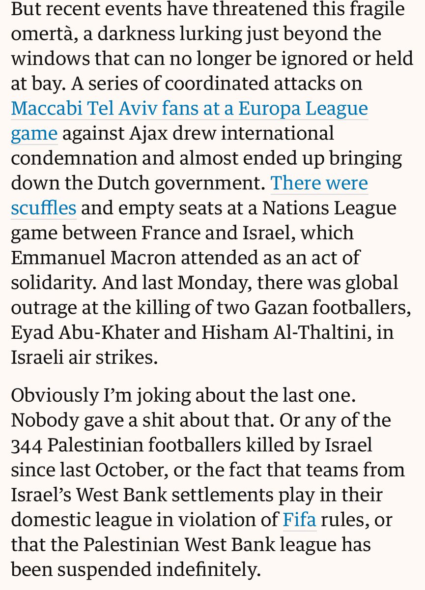 _Zeets's tweet photo. No secret that I’ve beefed with the UK football writers for years, but this is admirable by Liew to write about the cowardice of the whole football world in looking the other way as Palestinians are killed 

https://t.co/DDM3tB2XmY https://t.co/a3RjhAcrxr