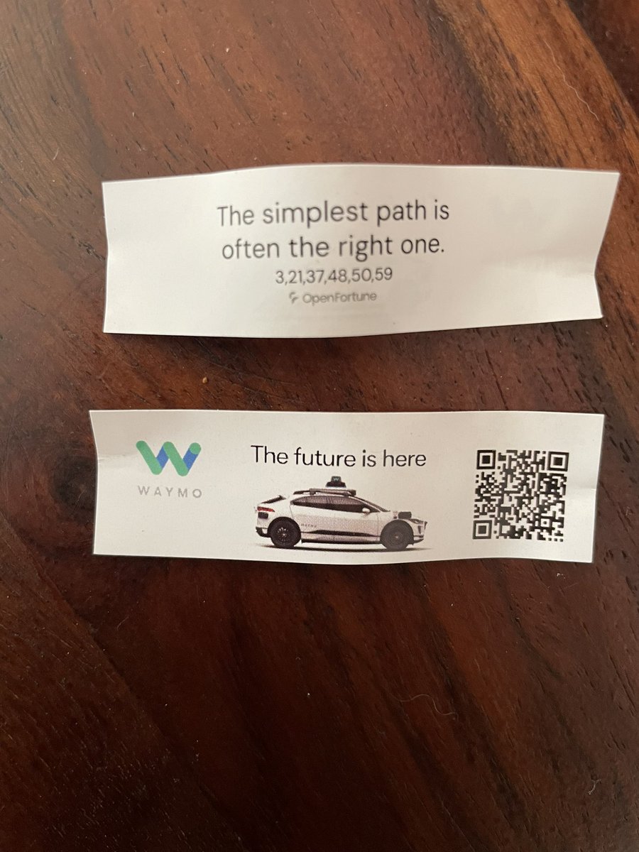 Bought a couple fortune cookies with our Chinese takeout. So disappointed when we opened them and got the weakest fortunes plus dumb <a href="/Waymo/">Waymo</a> ads. 

This honestly ruins the experience. Give me a plain fortune cookie instead of an ad. #sf 

This crap fortunes should have been free