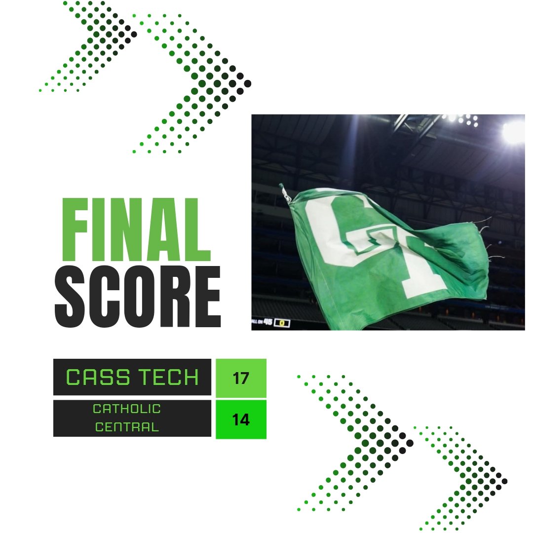 In another thriller Cass Tech 17 Catholic Central 14. Our record improves to 11-2 and we advance to the State Championship game next Saturday night at Ford Field.  #GreatDayToBeATechnician