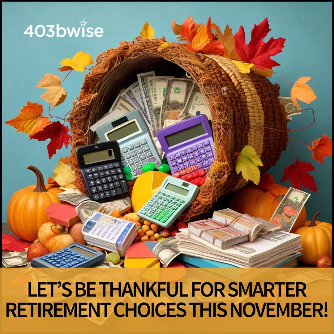 teachretirerich's tweet image. Get ahead this November with retirement wisdom that’ll leave you feeling thankful all year round!

Explore all the resources we have to offer, &amp;amp; share with your colleagues.

Check out our site today! 403bwise.org

#ThankfulForKnowledge #403bWise