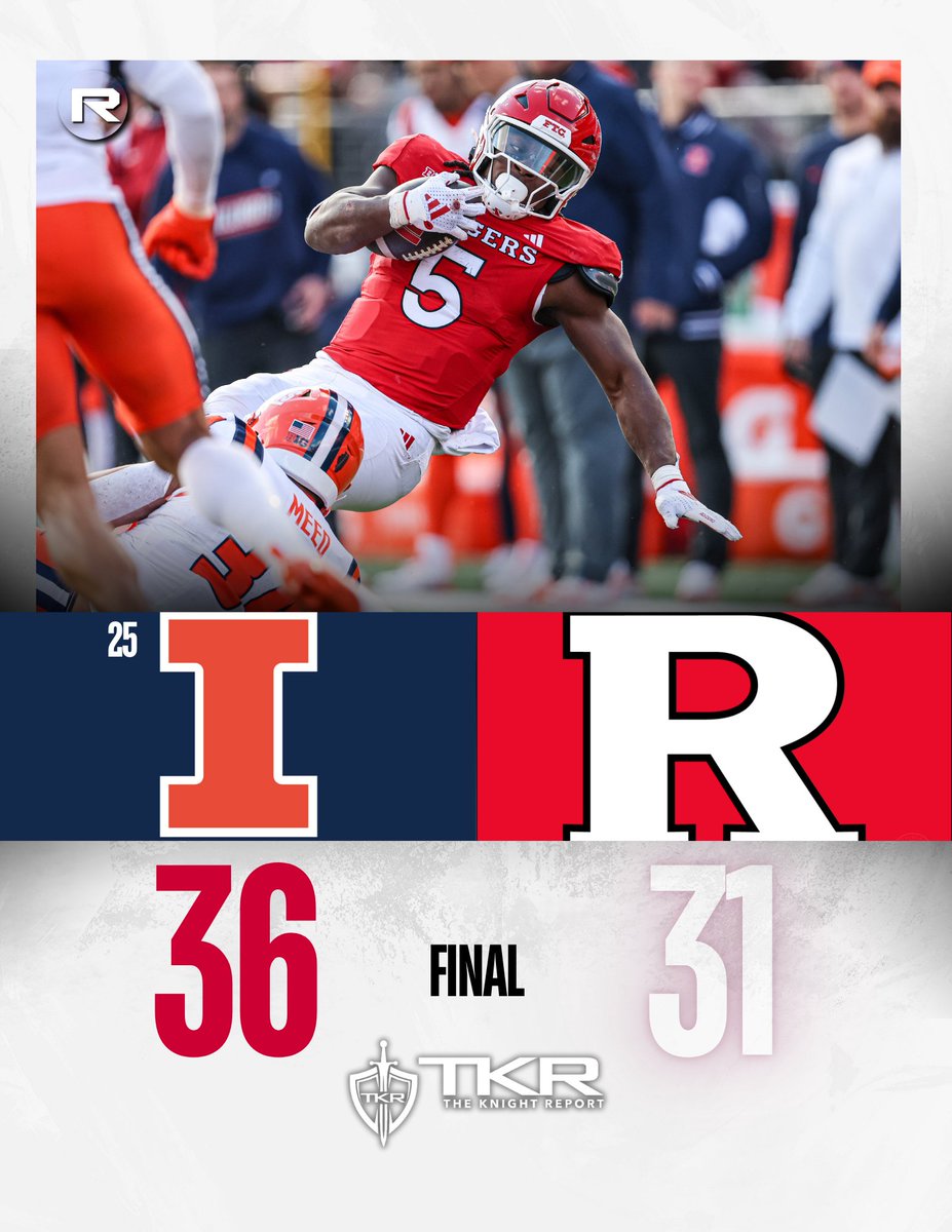 RutgersOn3's tweet photo. FINAL - No. 25 Illinois: 36 || Rutgers: 31

👉 https://t.co/5c7oEc6uI7 https://t.co/cAyu4HaK6v