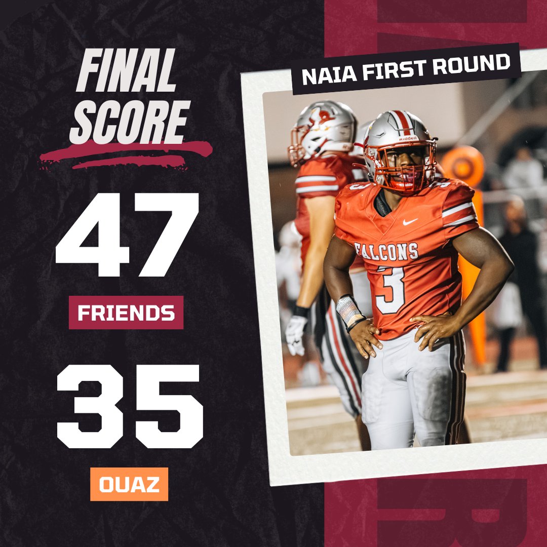 FOOTBALL FINAL - Falcons with the first round win today over the OUAZ Spirit today, 47-35!
Rushing: K. Baker(179yds), E. Pino(115yds, 2 TD) 
Tackles:B. Zerger(8), C. Skrobecki(8)
The Falcons now move into the NAIA second round, hosted by TBA.
Full gameday recap will be available