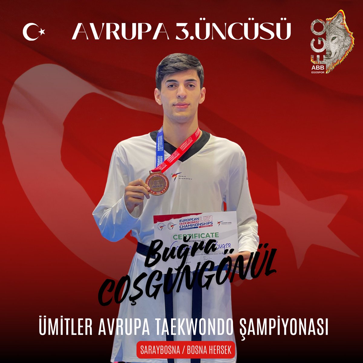 🥋Ümitler Avrupa Taekwondo Şampiyonasında;
🥉Bronz madalya kazanan sporcumuz Buğra Coşgungönül’ü tebrik ederiz..

📍Bosna Hersek