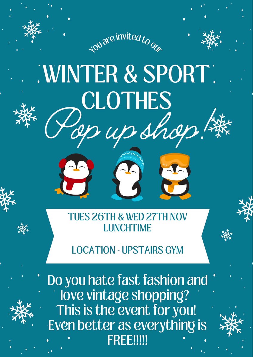 Winter &amp; sports clothes pop up shop this week! Tuesday and Wednesday lunchtimes in upstairs gym hall. Want to beat fast fashion? Come along and bag yourself the ultimate bargain - you can choose as much as you want for free! See Mrs W in chemistry for more details.