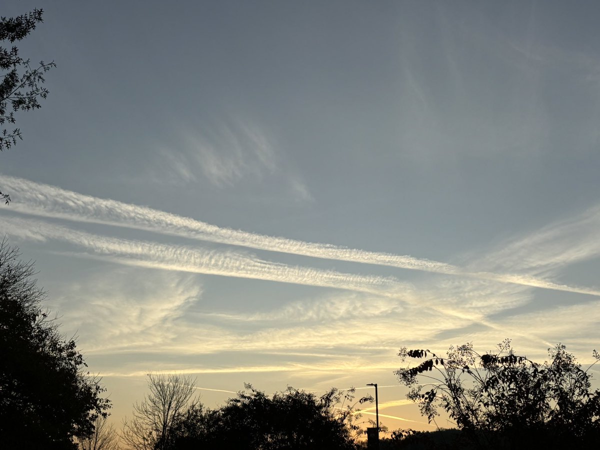 timkucejko's tweet photo. @DOGE @MarshaBlackburn @janicebowlingtn took these this morning south of Nashville. Counted at least 5 planes leaving trails in close proximity.  Doesn’t look like passenger traffic. TN senate bill 2691 banned chemtrails? @elonmusk https://t.co/tyWYOO5tTf