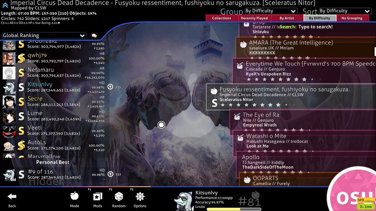 Kitsunivy's tweet photo. 16506pp -> 17510pp: 1000pp in a day!
A couple of highlight scores https://t.co/2WcXnD66V6