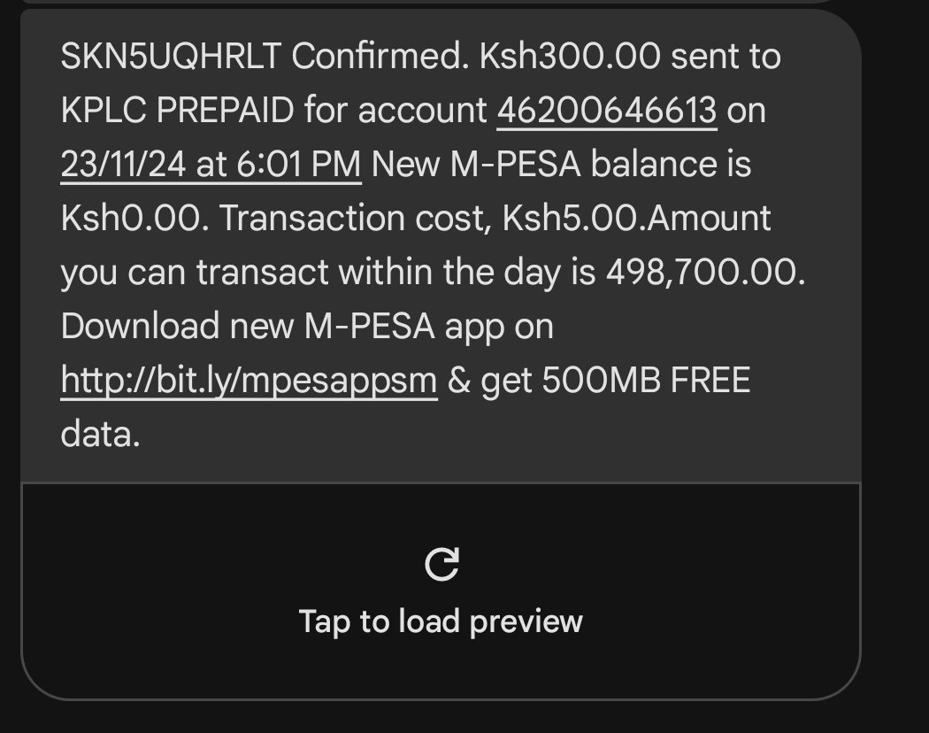 khaduli_tom's tweet photo. @KenyaPower_Care @kplc_token  @kplc_representative yesterday, I bought a token for Kshs. 300. Up to now I haven't received my token. A few minutes ago, I bought for Kshs. 50 which I have received. What happened to my earlier transaction? See transaction? https://t.co/cBsQd1s2Yj
