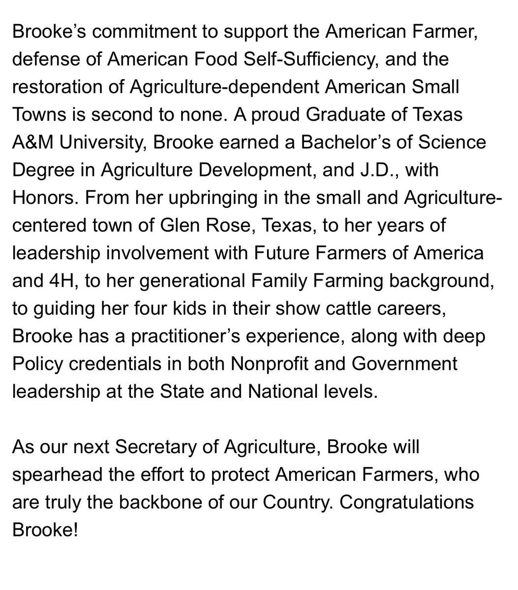 TrumpWarRoom's tweet image. 🚨 NEW: President Trump announces the nomination of @BrookeLRollins to Secretary of Agriculture.