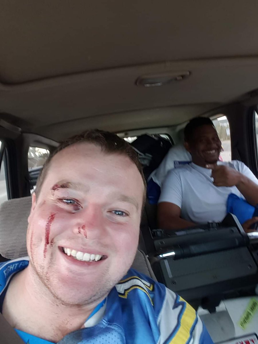 Vrabel56's tweet photo. First game in LA. 

First game I had ever been sucker punched at. 

#FightForLA 🤣🤣 https://t.co/tR3X9iKVlJ