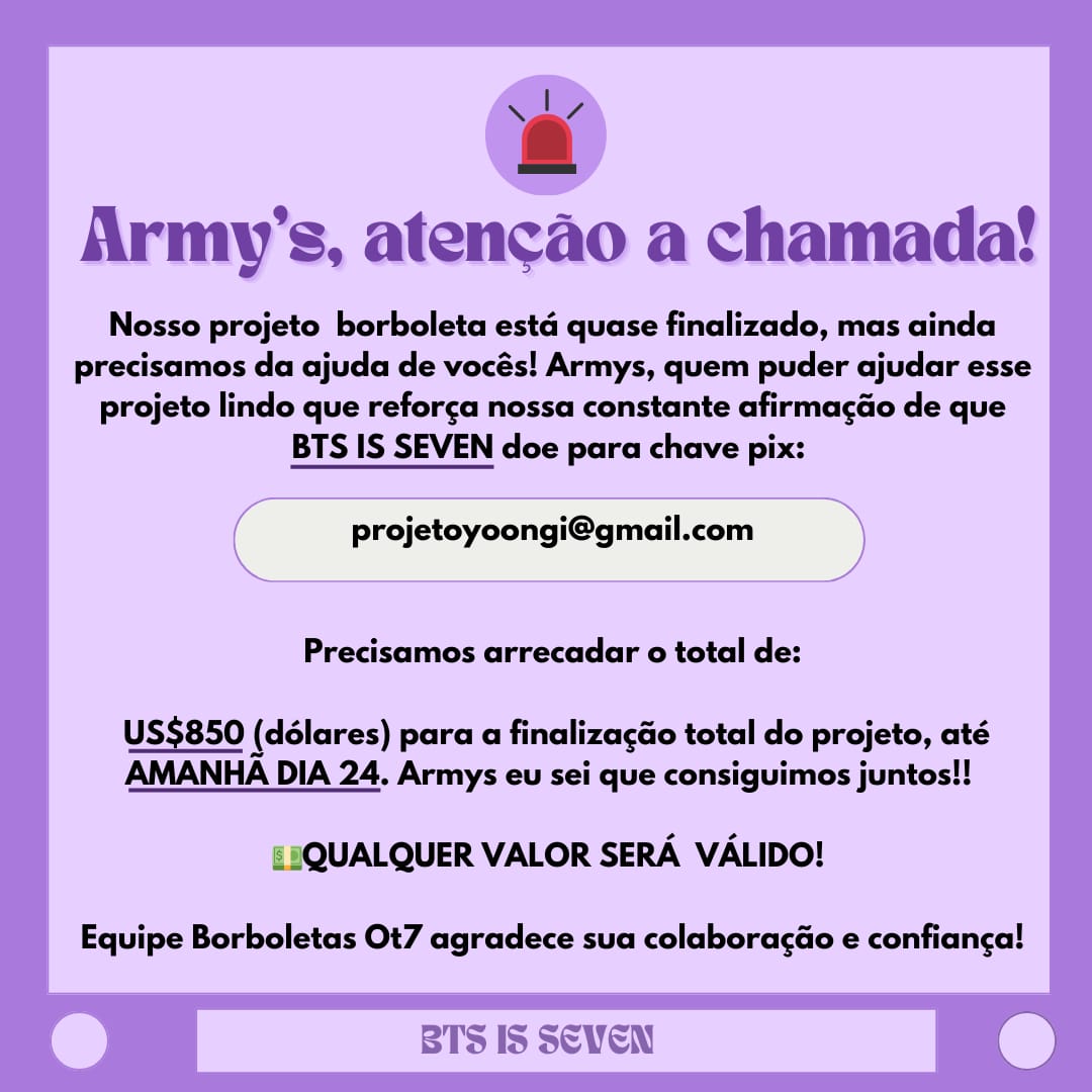🚨 *AMRY's, ATENÇÃO*🚨

🦋Nosso projeto borboleta está quase pronto, mas ainda precisamos da sua ajuda! quem puder ajudar doando qualquer valor ficaremos extremamente gratas 

docs.google.com/forms/d/e/1FAI…