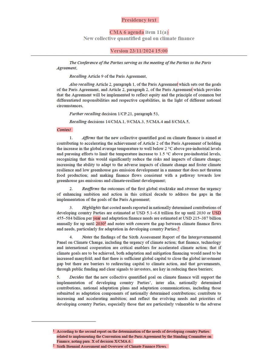 duycks's tweet photo. updated (final?) draft #COP29 outcomes now shared with delegations...
here is updated version of draft decision on #ClimateFinance #NCQG compared to that rejected today by most vulnerable countries' delegates
📄doc: https://t.co/zGKkwK2w0e
🔍track changes: https://t.co/pyWOG05jx4 https://t.co/mMAj34WYBJ