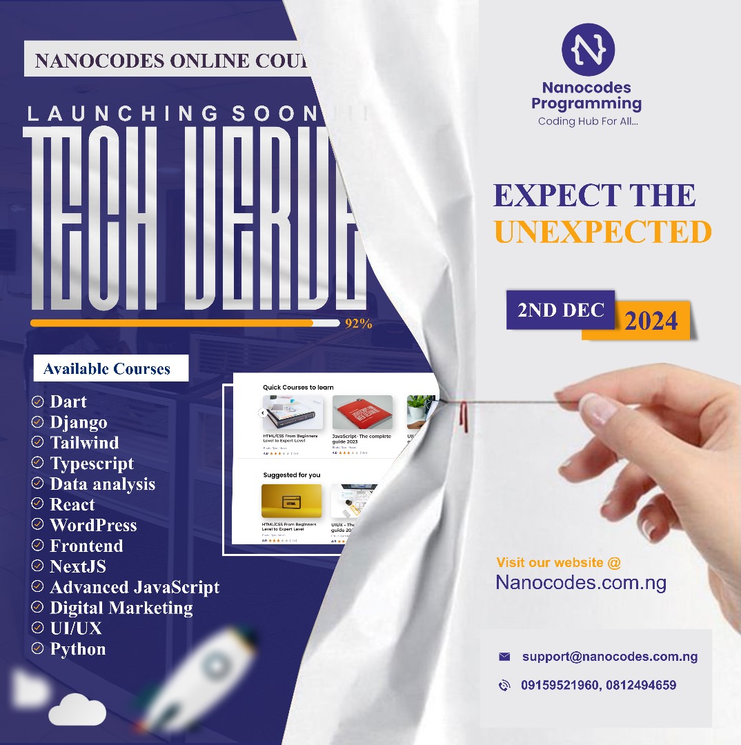🚀 Techverve  by Nanocodes is launching on Dec 2, 2024! 🌟

🎓 Learn Dart, Django, React, Digital Marketing, UI/UX &amp; more.
💡 Upgrade your skills, lead in tech!
🌐 Nanocodes.com.ng
📞 Call/WhatsApp: 09159521960 | 0812494659

#TechVerde #Nanocodes #LearnGrowLead
