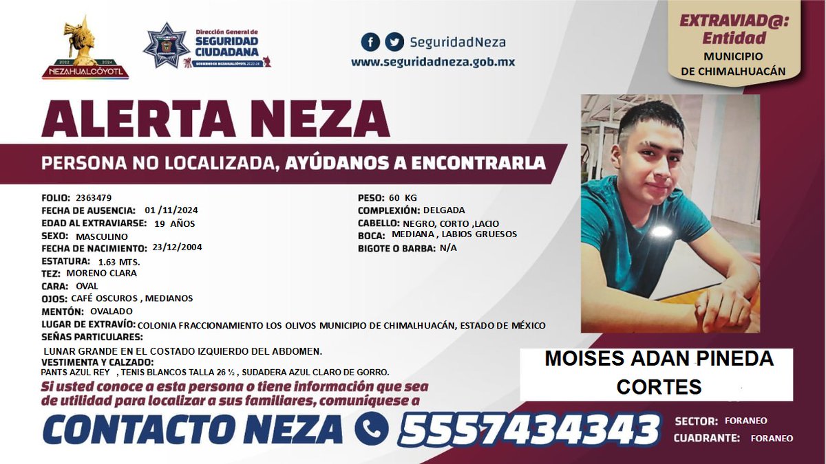 AlertaNeza's tweet image. #AlertaNeza 🆘 | Ayúdanos a localizar a #Moises Adán Pineda Cortes.

Cualquier información comunícate al 55 5743 4343.