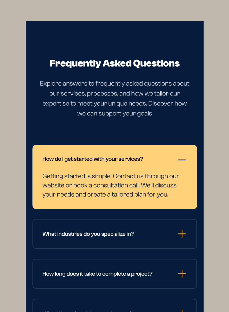 Teslimdesigns1's tweet image. Day 69: Mobile-Friendly FAQ Section

I simplifying access to information with a clean, mobile-friendly FAQ section! Each question expands with a smooth, collapsible interaction to keep the layout organized and user-friendly.

#100DaysOfDesign #MobileUX #FAQDesign #WebDesign