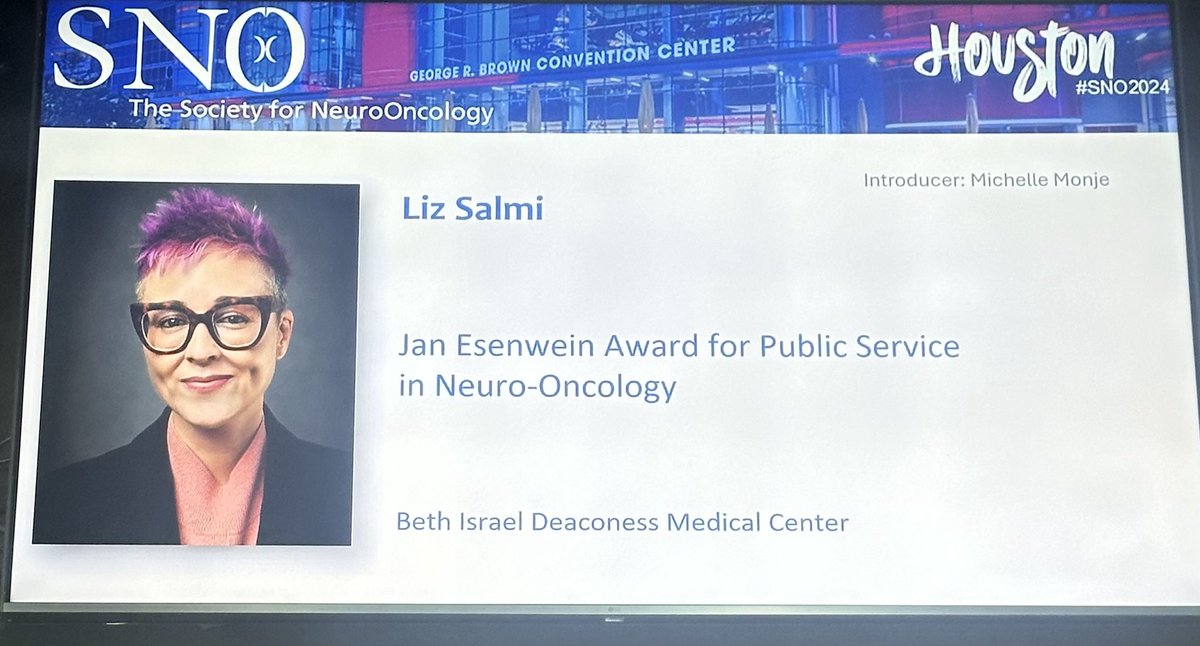 Congratulations to Liz Salmi ⁦<a href="/TheLizArmy/">Liz Salmi</a>⁩ for a very well-deserved Jan Esenwein Award for public service in Neuro-Oncology at #SNO2024!