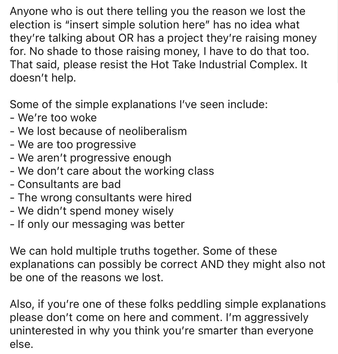 I’ve seen so many genuinely dumb, self-serving, hot takes since the election. So, I’ve decided to join the fray with a very good take on the Hot Take Industrial Complex.