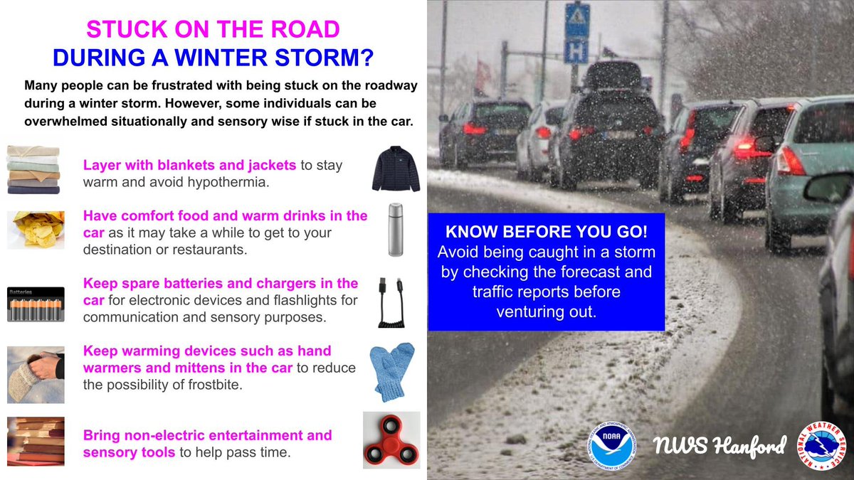 NWSHanford's tweet image. With more snow expected through the beginning of next week, roadways up to the Sierra Nevada may be hard to drive on leading to long delays. Here are some tips to avoid sensory and situational overload especially for young children and #neurodiverse individuals. #CAWx #Fresno