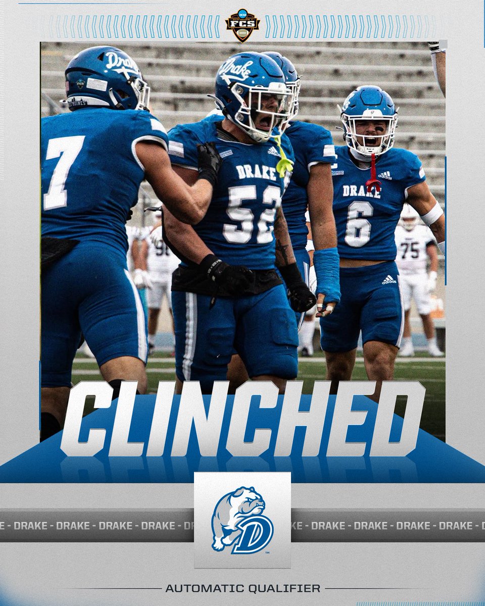 NCAA FCS Football (@ncaa_fcs) on Twitter photo 🟦 CLINCHED 🟦
<a href="/DrakeBulldogsFB/">Drake Football</a> have clinched a spot in the NCAA FCS Football Playoffs after defeating Stetson, 49-10.
#FCSPlayoffs 🟦 CLINCHED 🟦
<a href="/DrakeBulldogsFB/">Drake Football</a> have clinched a spot in the NCAA FCS Football Playoffs after defeating Stetson, 49-10.
#FCSPlayoffs