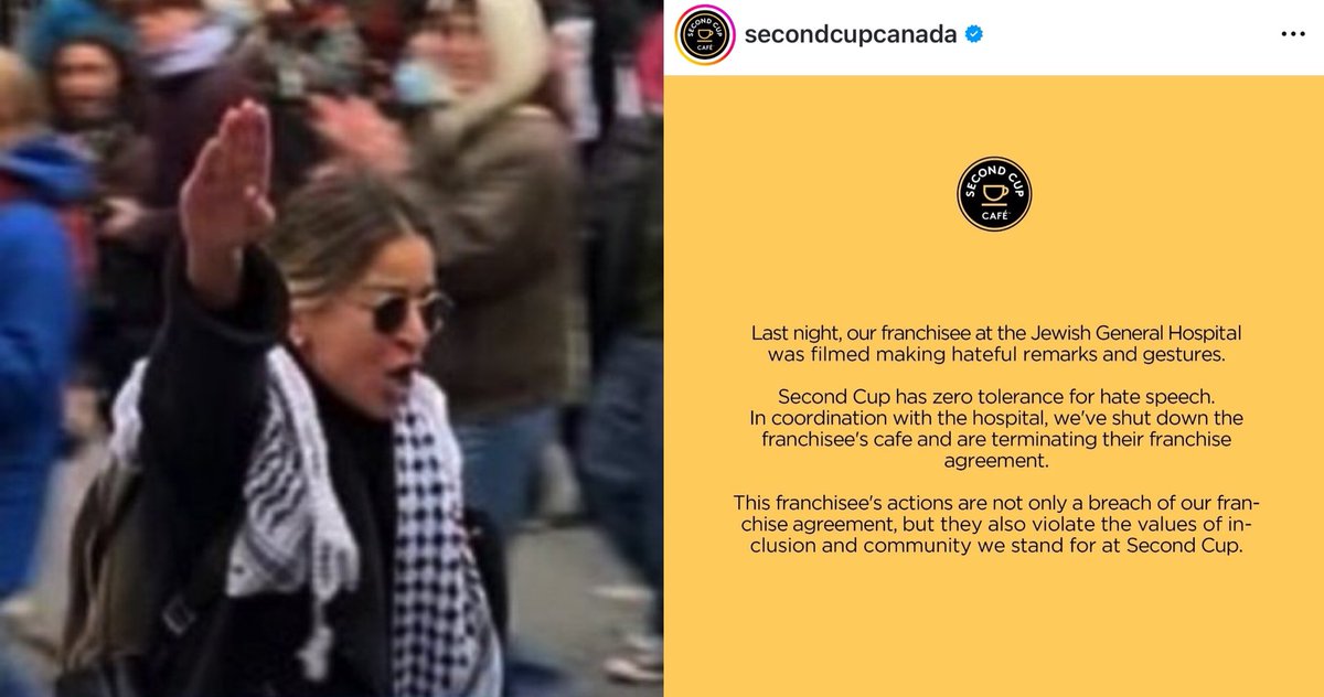 Arsen Ostrovsky 🎗️ (@ostrov_a) on Twitter photo 💥 Au revoir!
Remember that woman chanting "The Final Solution is coming", at Concordia the other day?
Well, turns out she operated a coffee shop at the Jewish General Hospital (!!) in #Montreal, but they have now terminated her franchise agreement!
Bravo to <a href="/SecondCupCanada/">Second Cup Café</a> 💥 Au revoir!
Remember that woman chanting "The Final Solution is coming", at Concordia the other day?
Well, turns out she operated a coffee shop at the Jewish General Hospital (!!) in #Montreal, but they have now terminated her franchise agreement!
Bravo to <a href="/SecondCupCanada/">Second Cup Café</a>