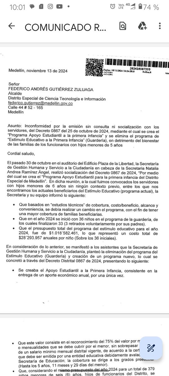 MCamilaRP's tweet photo. @anibalgaviria la administración del actual Alcalde Federico Gutiérrez, vía decreto y sin ninguna socialización, eliminó el programa de guardería para hijos menores de 5 años de los servidores de Medellín que se creó en su administración, alrededor del año 2015 https://t.co/2ojMF2pDQJ