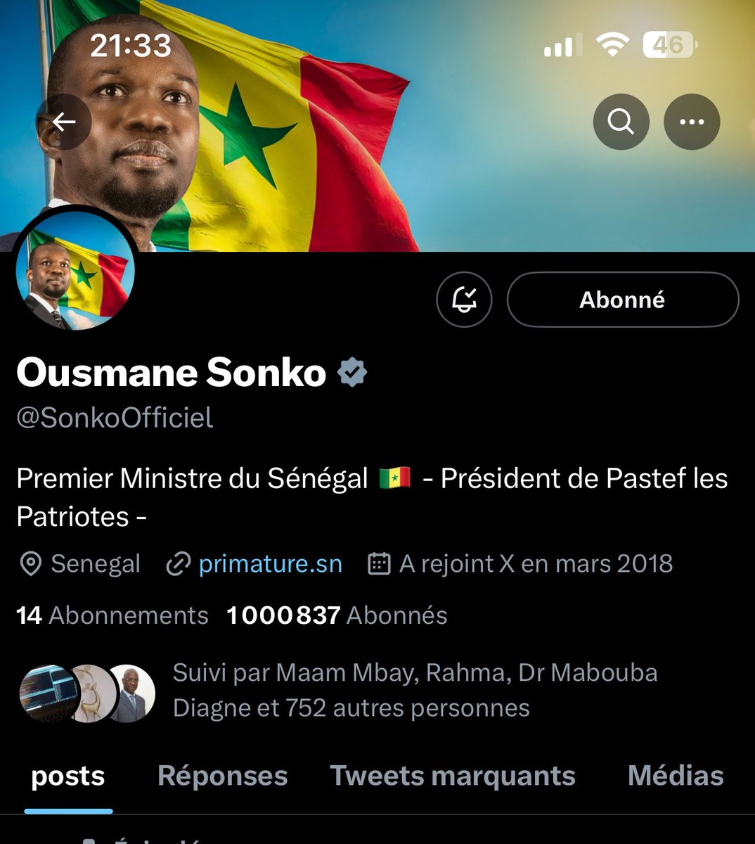Awah_Juuf's tweet image. La famille ,
Diomaye Mooy Sonko bi matalouñ ko d 😭.
Le compte du PM @SonkoOfficiel ne peut pas avoir 1 million d’abonnés et le compte du PR Bassirou @PR_Diomaye que 281 573  abonnés 😭.

🚨le million d’abonnés pour notre président waye ! 
Na and ak Pastefnak