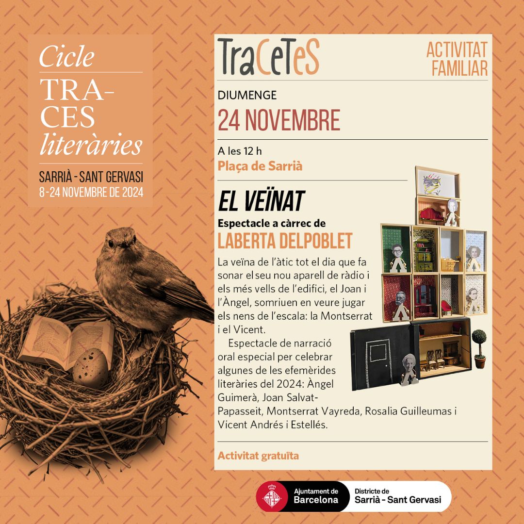 ✨ TRACETES
Últim dia de #Traces_SSTG amb l'espectacle "El veïnat" de Laberta Del Poblet, una narració oral amb veïns i veïnes molt conegudes i reconegudes i que enguany celebren alguna efemèride.
Vine a coneixe'ls!
<a href="/Bcn_SSTG/">Sarrià - Sant Gervasi</a> #TracesLiteràries #Tracetes <a href="/TaleiaCultura/">Taleia Cultura</a>