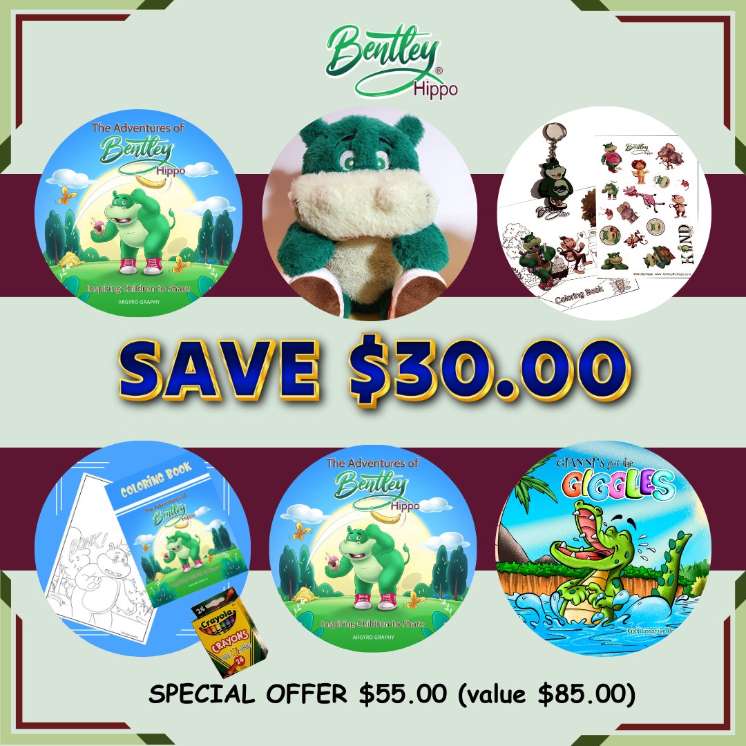 'Tis the season to grab your ⁣𝗕𝗘𝗡𝗧𝗟𝗘𝗬 𝗕𝗢𝗢𝗞 𝗕𝗨𝗡𝗗𝗟𝗘.⁣ ONLY $55.This gift pack is perfect for 𝙨𝙝𝙖𝙧𝙞𝙣𝙜 and gift-giving! A book will also be donated. (over 6800 books donated to date) Visit
bentleythehippo.com/shop for more.
#Christmasgifts #HolidayGifts 
⁣