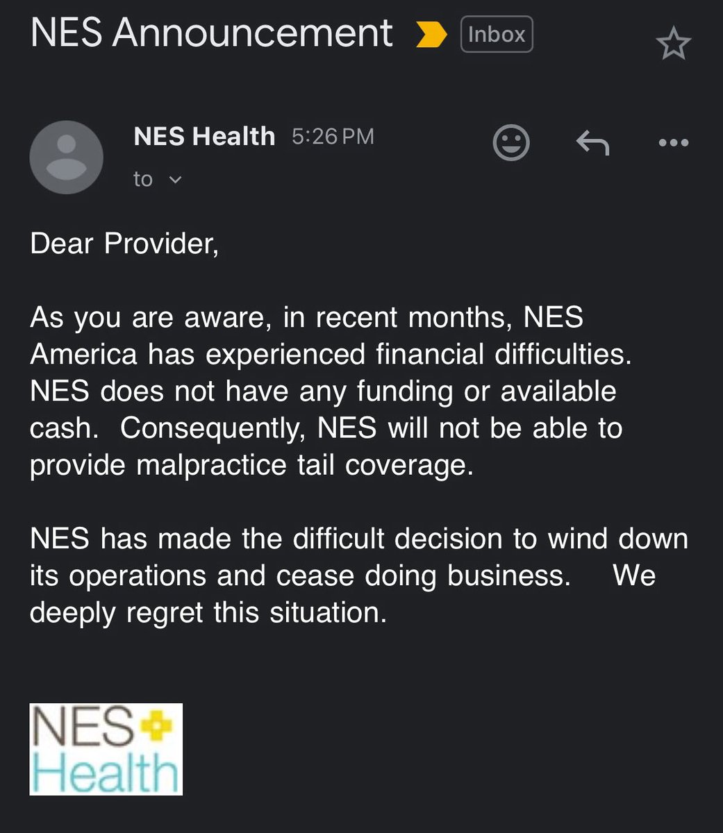 wpsdojd's tweet photo. Is NES Health the new APP?
Today, I was forwarded the attached message from NES Health (https://t.co/FoVDX2TUFL):
"NES has made the difficult decision to wind down its operations and cease doing business." 
NO TAIL INSURANCE FOR ITS DOCS.
@epmonthly @emnews @aaeminfo @ACOEP https://t.co/I8I4Zra04l