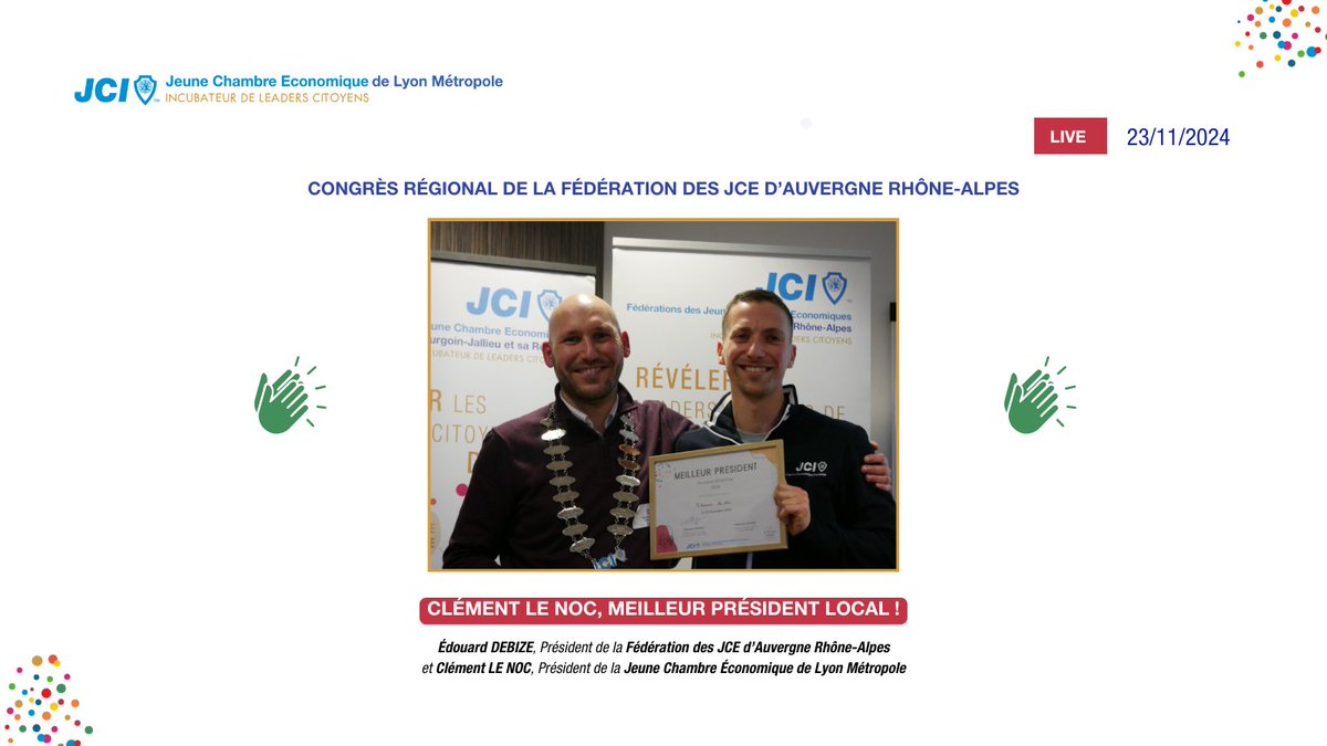 🦁 [BREAKING NEWS] 🦁

Toutes nos félicitations à notre Président Clément LE NOC, désigné meilleur Président local ce jour lors du Congrès régional de la <a href="/JCEAURA/">Fédération JCE AURA</a> 😍

<a href="/JCE_France/">jce_france</a> <a href="/clement_ln/">Clém_ent</a> <a href="/ccinordisere/">CCI Nord Isère</a> 

#Lyon #jcef #fierté #champion
