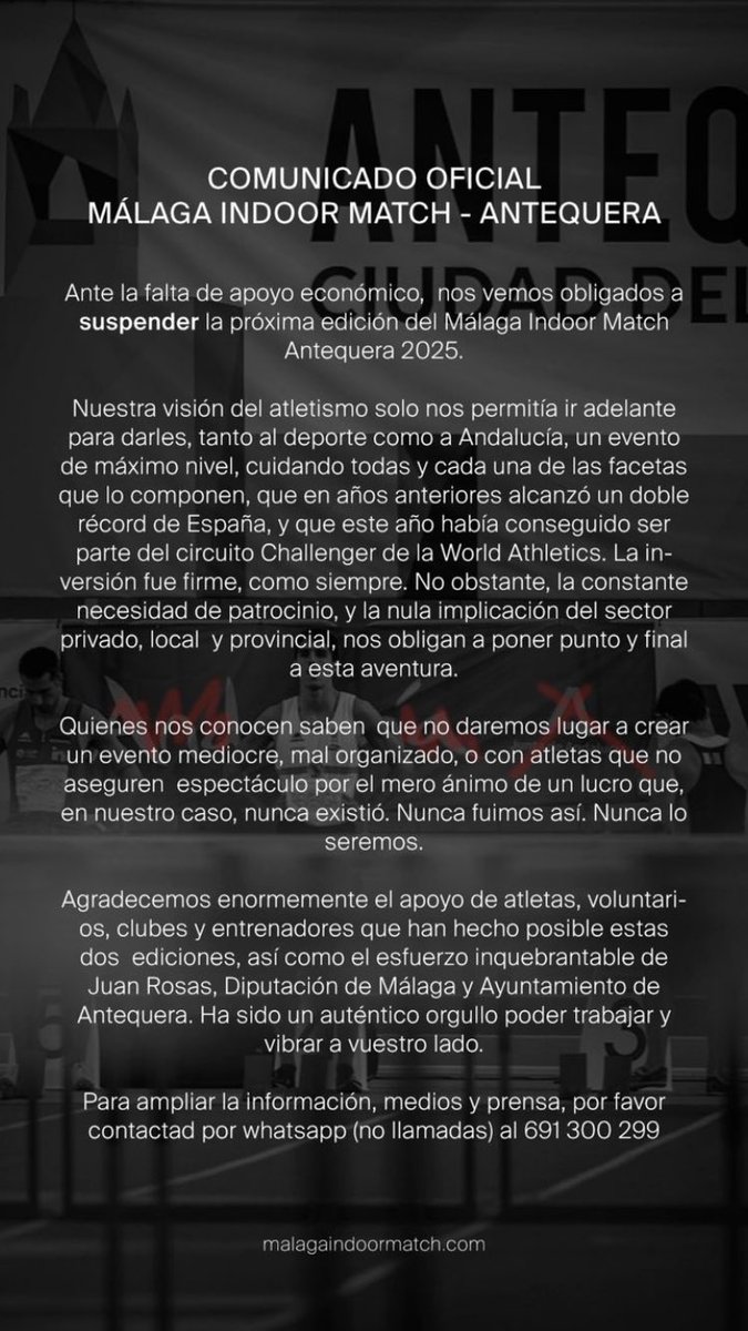 El atletismo hoy no sonríe, la @malagaindoorMIM cancela la edición del 2025