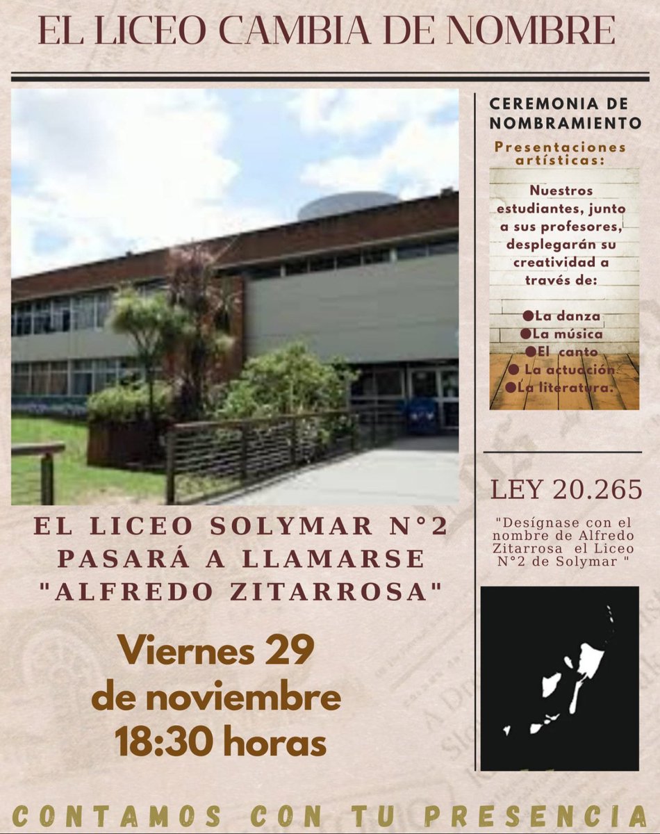 Ceremonia de nombramiento del Liceo Solymar N°2 "Alfredo Zitarrosa".
Viernes 29 de noviembre de 2024
18:30 h