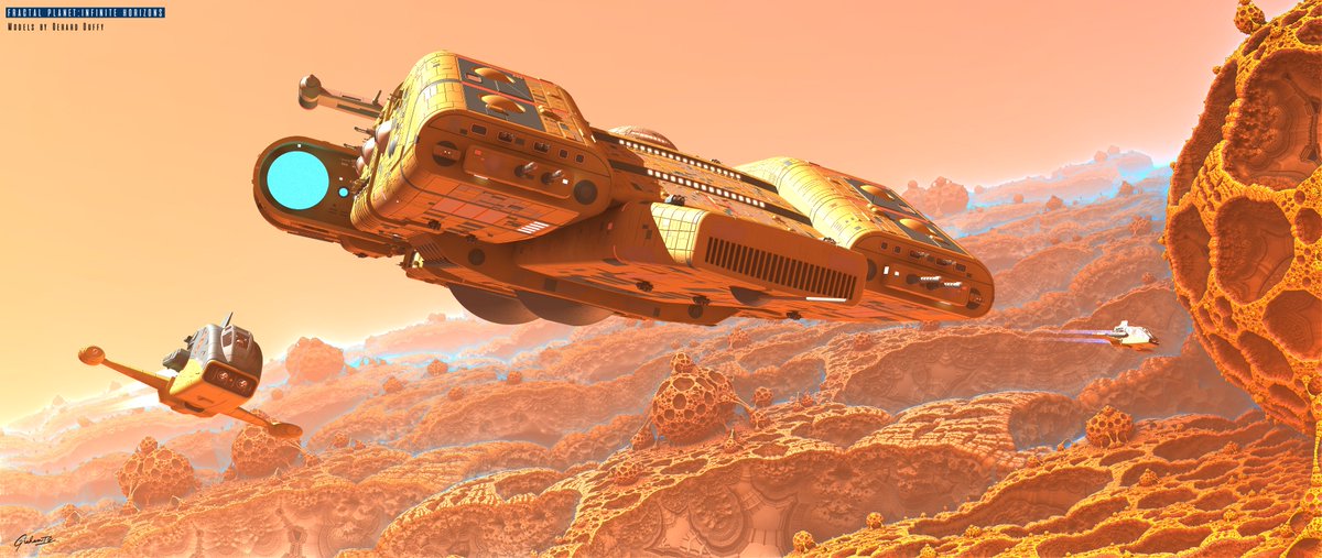 After a couple of weeks exploring almost monochromatic renders I'm back into colour and the never ending pursuit of that 70's sci-fi aesthetic. Wasp and Dundee class by Gerard Duffy. Mandelbulb3d used to render the fractal landscape. #Lightwave3d
 render.