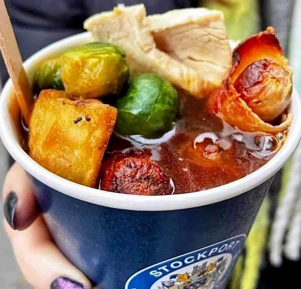Stockport County’s Christmas Dinner in a Cup, a delicious offering of tender turkey, savory stuffing, creamy mash, and rich gravy. 💷 £4.50. 

Absolute bargain 😍