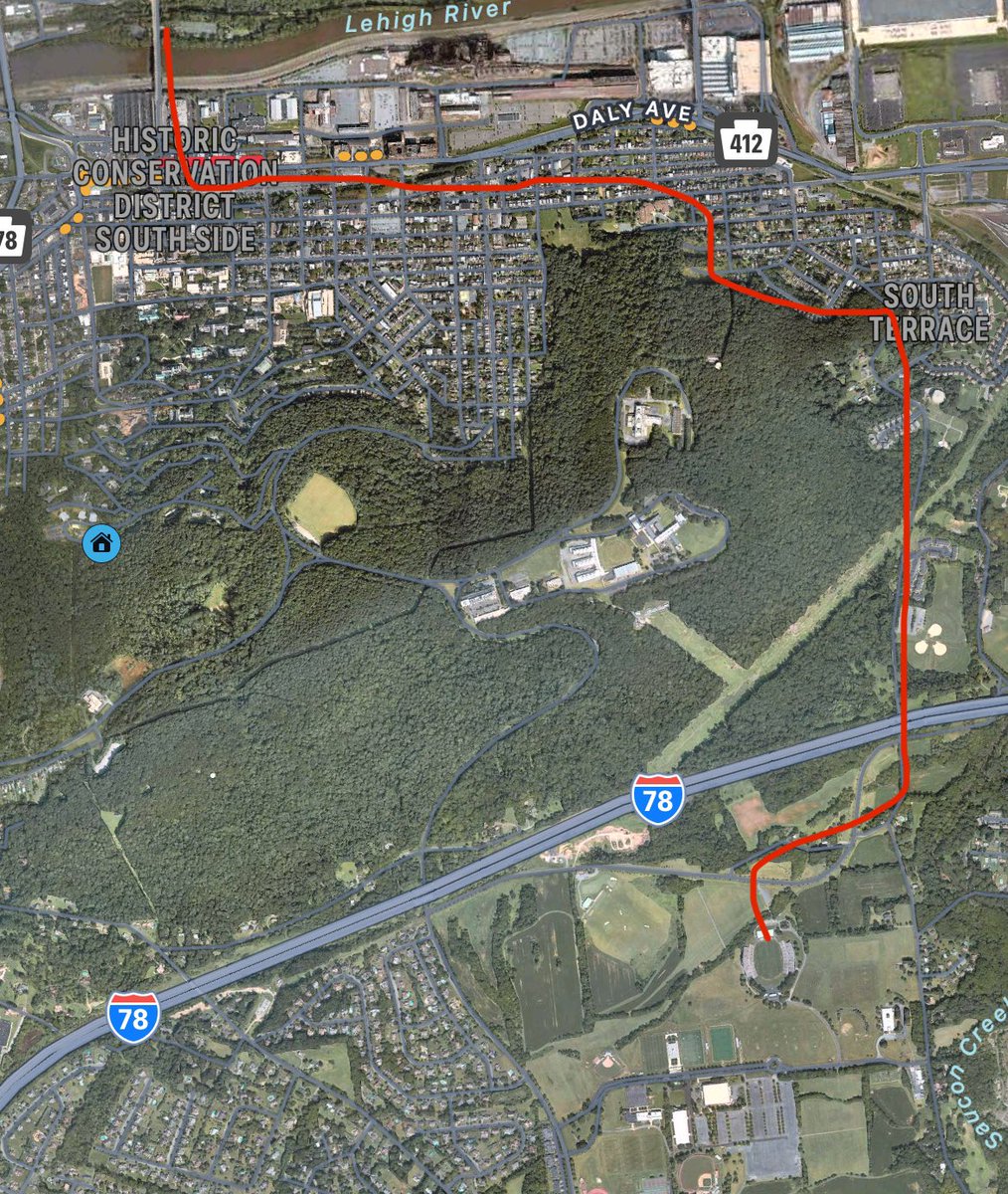 .<a href="/LFN/">Lehigh Football Nation</a> this is the (approximate) route of the Lehigh goal post. 

It went four miles.
