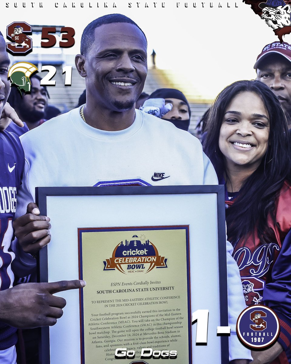 South Carolina State Football (@scstate_fb) on Twitter photo #GoDogs
CELEBRATION BOWL INVITE OFFICIAL!
Your SC STATE FOOTBALL BULLDOGS WIN against <a href="/MEACSports/">Mid-Eastern Athletic Conference</a> foe Norfolk State University 53 to 21
#PayTheFEE
#DigDEEP
#FearTheBITE
๐ด๐ต๐ถ๐ #GoDogs
CELEBRATION BOWL INVITE OFFICIAL!
Your SC STATE FOOTBALL BULLDOGS WIN against <a href="/MEACSports/">Mid-Eastern Athletic Conference</a> foe Norfolk State University 53 to 21
#PayTheFEE
#DigDEEP
#FearTheBITE
๐ด๐ต๐ถ๐