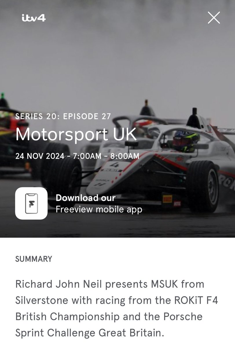 Latest episode of Motorsport UK from Silverstone is broadcast on ITV4 tomorrow morning. Also on ITVx. Carrera Cup and British F4
