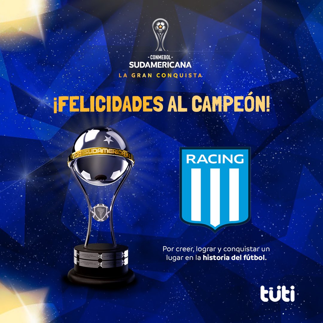 ¡El sueño se hizo realidad! ⚽🏆

Felicidades a <a href="/RacingClub/">Racing Club</a> que con esfuerzo, pasión y determinación escribe su nombre con letras doradas en la historia del fútbol sudamericano.

¡Un logro que llena de orgullo a todos sus seguidores! 🎆⚽