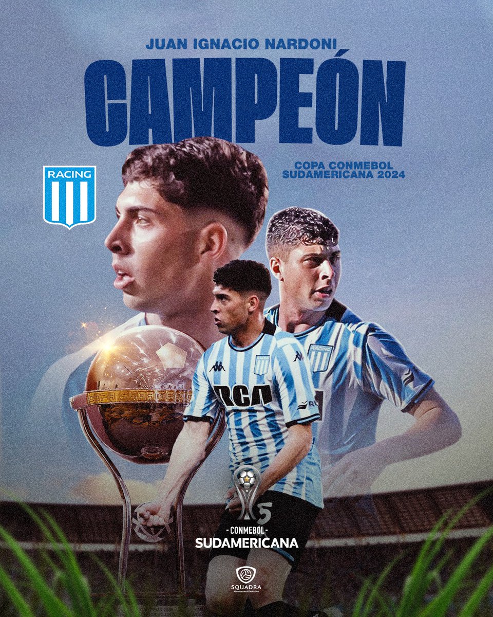 squadramd's tweet photo. 🏆 ¡DALE CAMPEÓN!

🔥 Juan Nardoni ganó la Copa @Sudamericana 2024 con @RacingClub tras vencer a @Cruzeiro 3-1 en Paraguay 🇵🇾

📂 Ademas, en la final:

✓ Jugador con más duelos ganados [8/11] 
✓Jugador con más faltas recibidas [3] 
✓Asistencia [1]

#PotenciarLaPasión https://t.co/1mwNcJCViu
