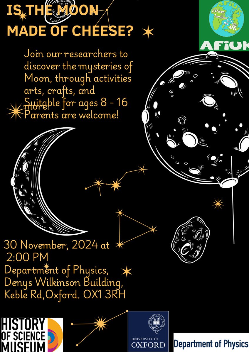 is the moon made out of cheese ? What is unique about OUR moon? How many moons are there? Do you age faster when you are in the moon?  For These and other curious questions, come and join <a href="/UniofOxford/">University of Oxford</a>   #Astrophysists  for #FamilyLearning  crafts and activities for all