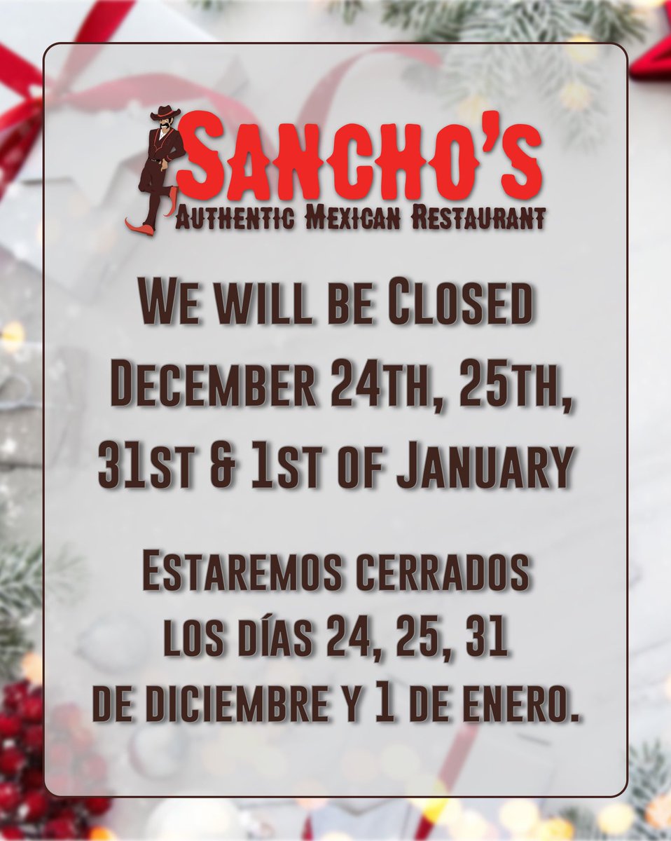 We will be Closed: 11/28, 11/29, 12/24, 12/25, 12/31 and 01/01/2025