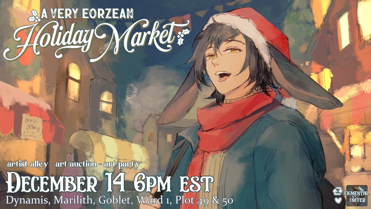 A Very Eorzean Holiday Market coming on December 14!

Lofi Lounge is a partner hosting THREE art events at the market: artist alley, auction, and art party! Check the posts below for more details 🎅

&amp; rt/like for a chance to win a figmental coffer!🎄#HolidayMarketAP