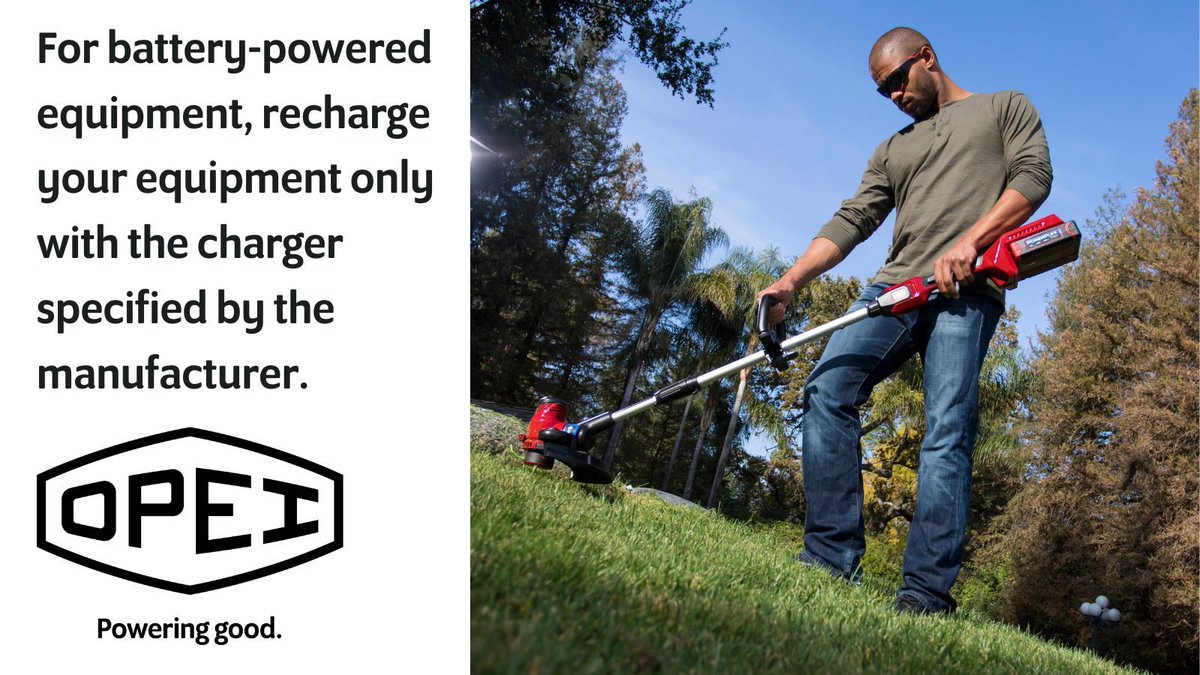 OPEInstitute's tweet image. For battery-powered equipment, recharge your equipment only with the charger specified by the manufacturer. #ProtectYourPower #trimmer #stringtrimmer