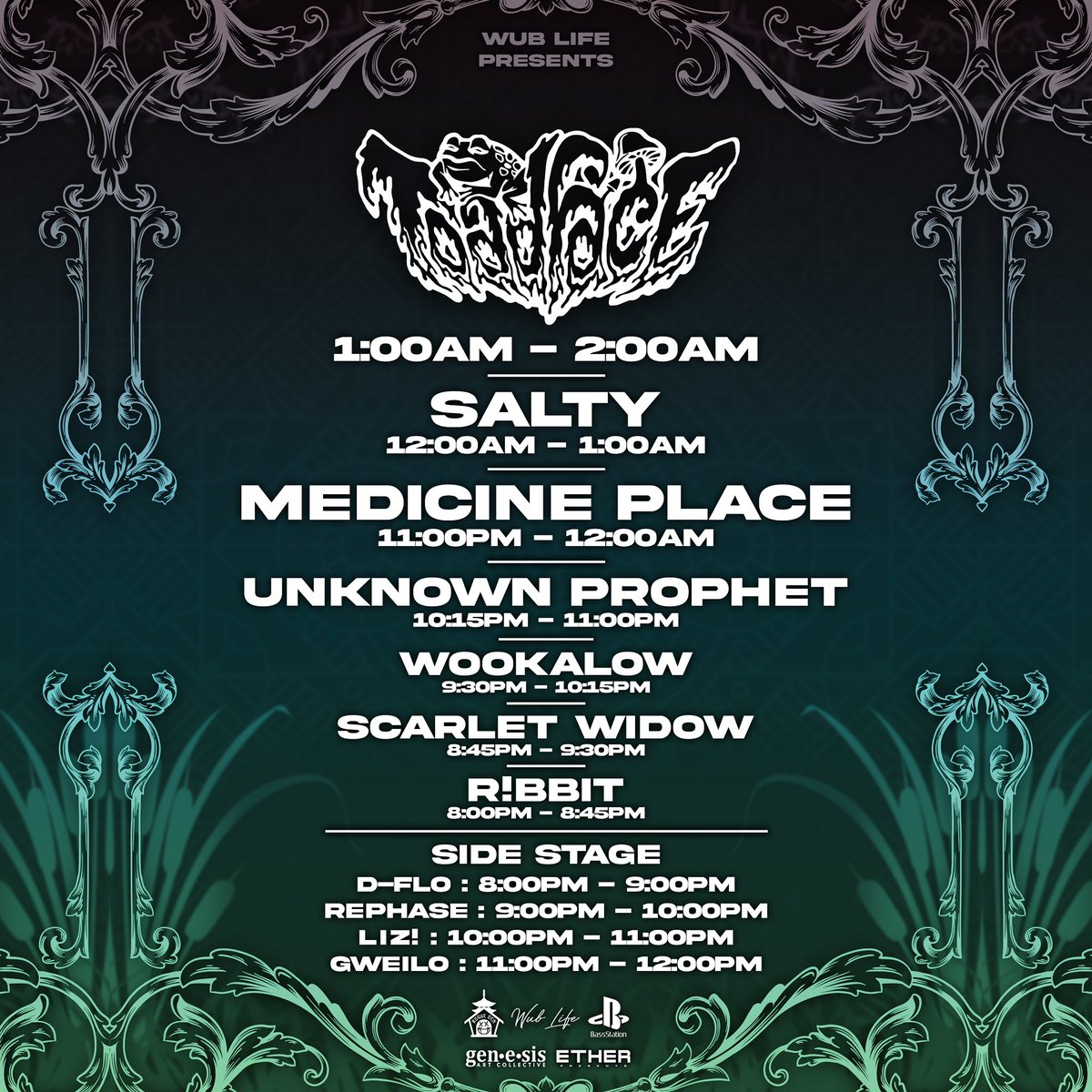 ⚠️ 𝗧𝗢𝗡𝗜𝗚𝗛𝗧 ⚠️

The set times are here for <a href="/toadinyoface/">Toadface</a>, <a href="/Brettsalty/">Salty Dubstep</a>, <a href="/medicineplace_/">Medicine Place</a>, &amp; more! Who all are we going to see tonight?? 

Limited tickets remaining in bio🔥