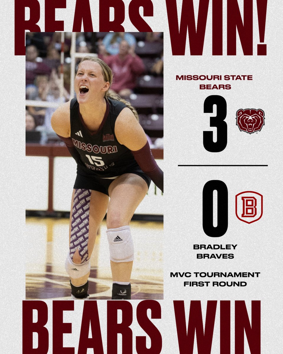 MoStateVB's tweet photo. BEARS 🧹🧹🧹

MoState tops fifth-seeded Bradley in straight sets to win its MVC Tournament opener.

Bears vs. No. 4 Illinois State at 3 p.m. Sunday. https://t.co/vZPlPC7B3J